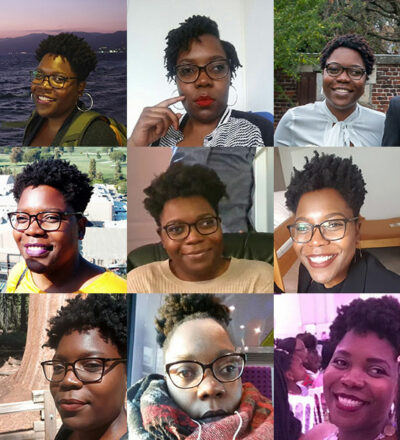 Mosaïque de photos de Christelle montrant son strabisme divergent avant l'opération